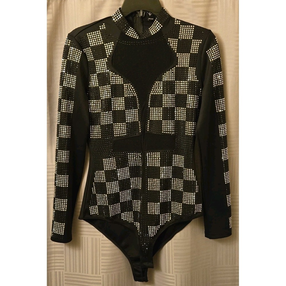 Black Rhinestone Checkered Long-Sleeve Bodysuit - Picture 3 of 11